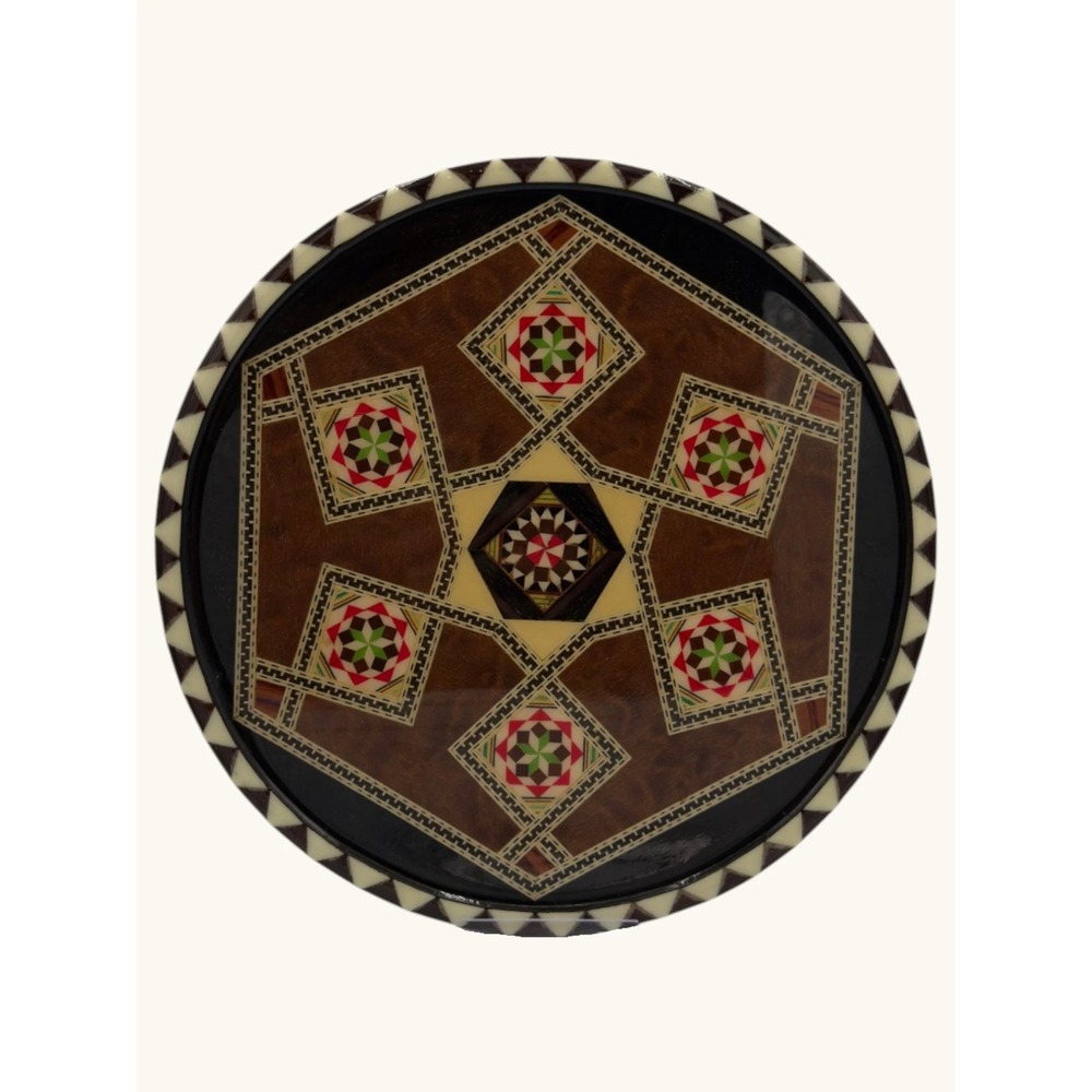 Vintage Spanish Marquetry Wood Plate Geometric Mosaic Inlay Wall Plaque Spain